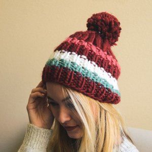 Striped Chunky Crochet Pom Beanie BURGUNDY